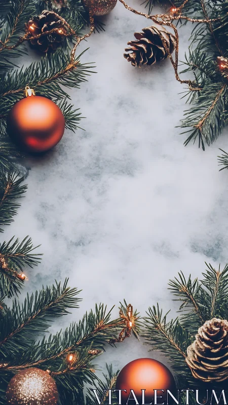 Photorealistic Christmas fir frame with copper ornaments.