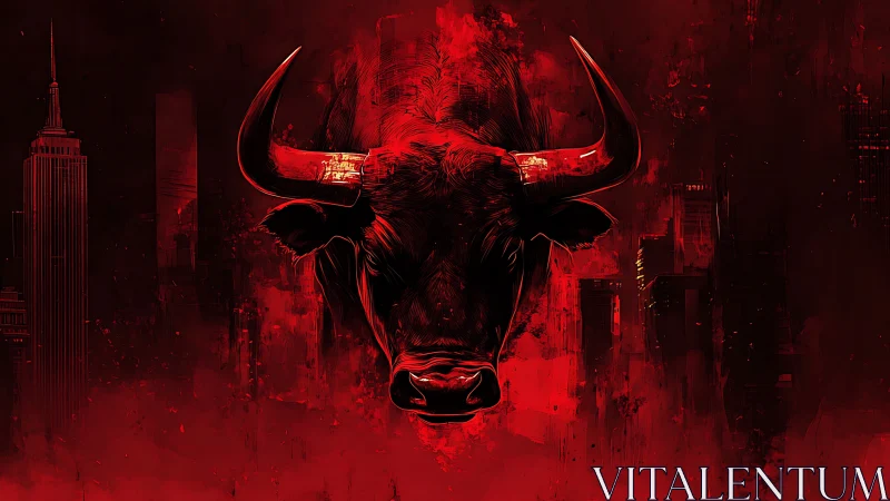 Bull head illustration over abstract red urban backdrop.
