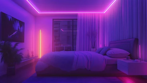 Neon-lit contemporary bedroom showcases ambient magenta glow