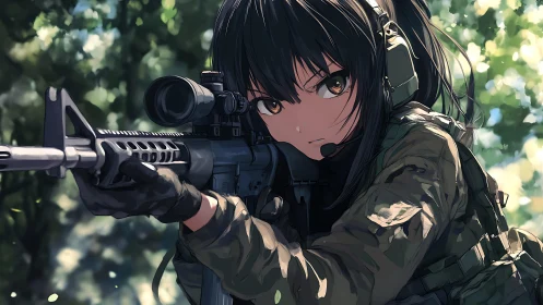 Anime sniper girl aims down sight in sunlit forest