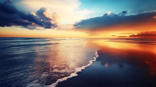 Sunset shoreline reflects stratified clouds in saturated hues