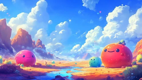Cute slime creatures under vast clouds in desert valley.