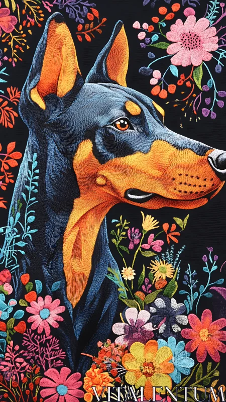 Doberman portrait embroidered among vibrant floral patterns
