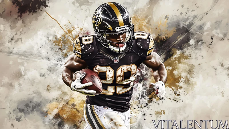 Football running back sprints forward through abstract splashes