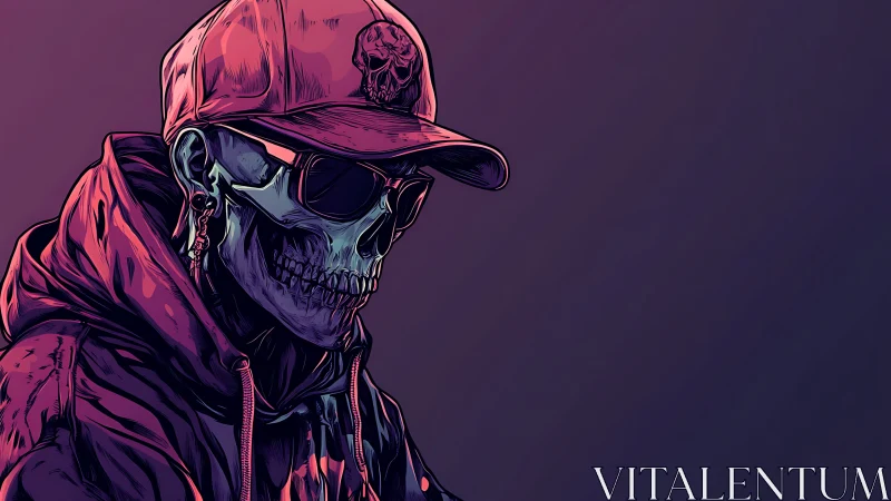 Hooded skeleton figure in cap and sunglasses on gradient backdrop.