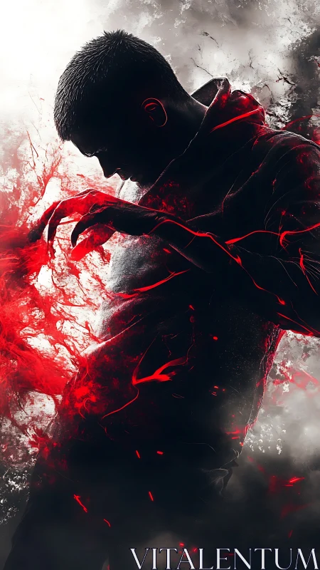 Silhouetted figure dissolving into explosive red energy.