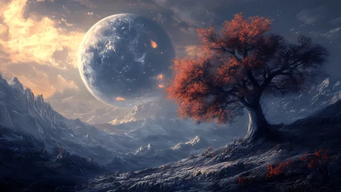 Crimson tree beneath burning planet in frozen valley dusk.