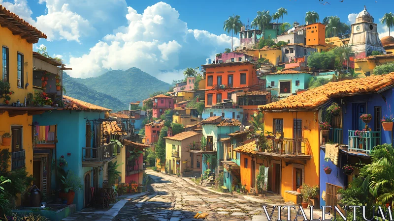 Color-saturated hillside village street under tropical daylight.