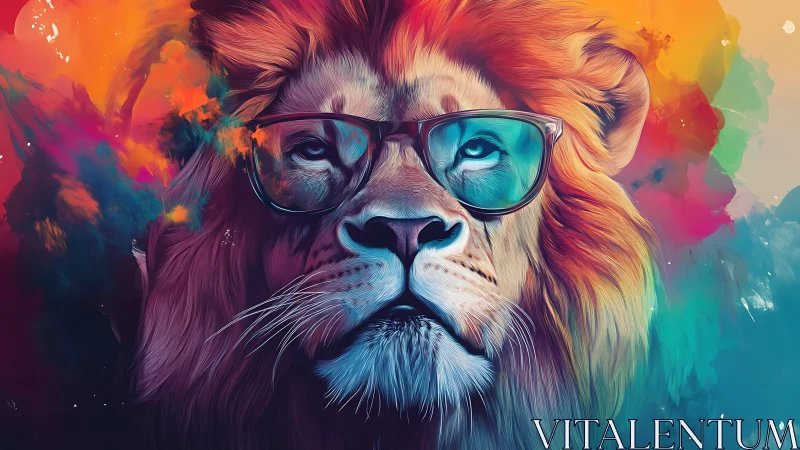 Stylized lion portrait with glasses in vivid abstract colors.