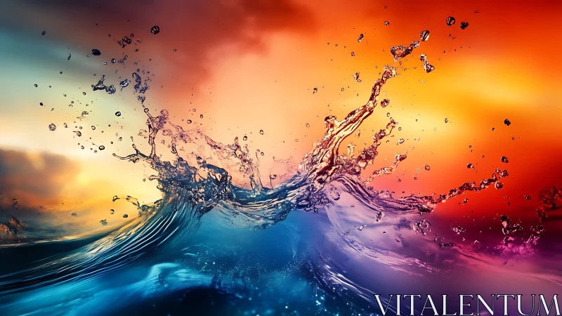 Shimmering waves leap toward a glowing sunset sky