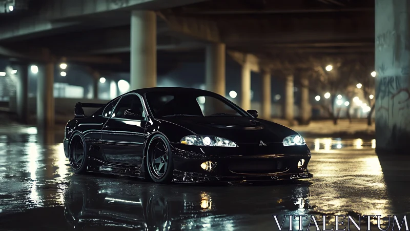 Black modified sports coupe parked on wet concrete at night