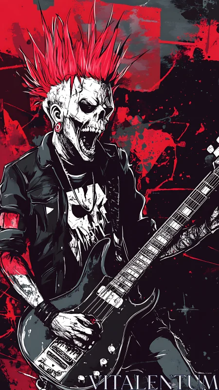 Skeletal punk guitarist with neon mohawk in splatter chaos.