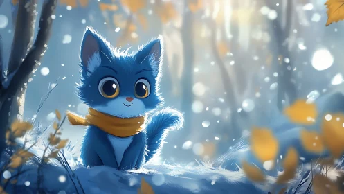 Blue cartoon kitten with scarf in soft winter forest scene.