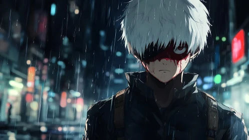 Rain-soaked white-haired figure with blood mask in neon city street