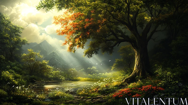 Sunlit forest sanctuary where a secret river catches fire.