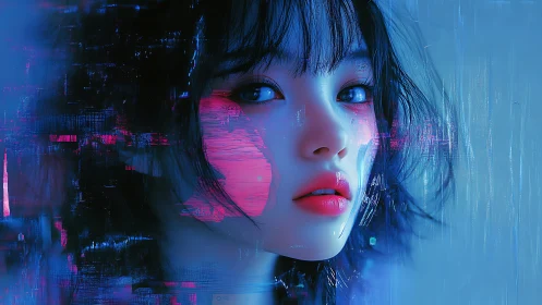Glitch-suffused neon portrait of cybernetic girl in blue field.