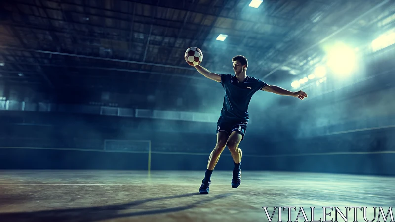 Indoor futsal athlete captured mid-leap under dramatic spotlights