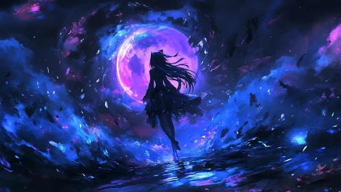Midnight wanderer beneath a swirling neon moon portal.