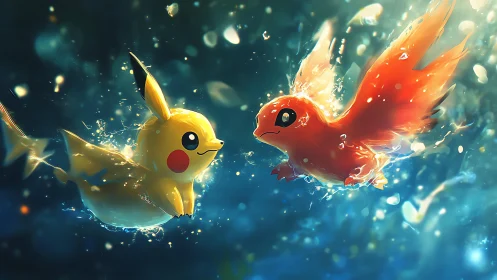 Electric and fiery creatures drift in a sparkling aquatic dream