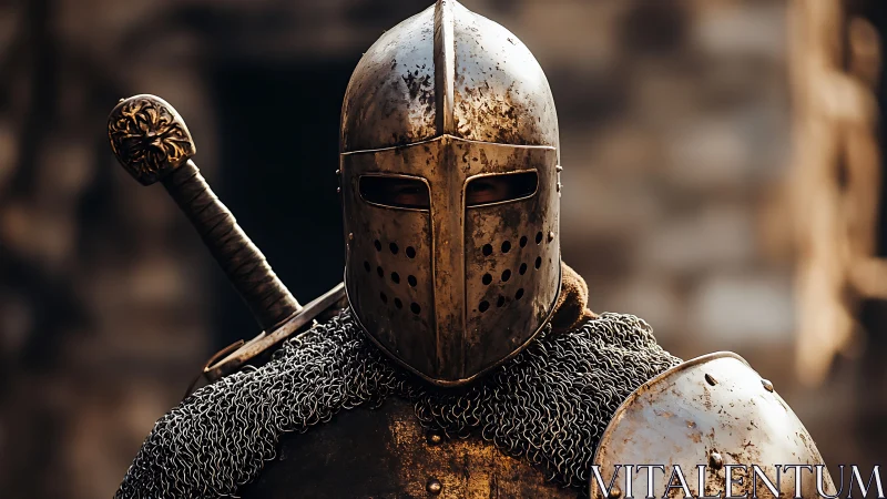 Medieval armored knight stands front facing with sword ready