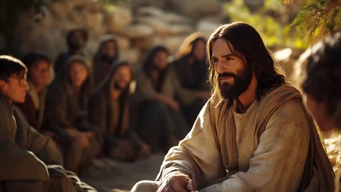 Teacher in robes sits among followers in outdoor setting