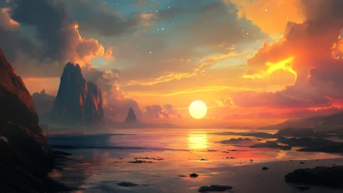 Solar drenched alien coastline glows under vivid sunset sky.