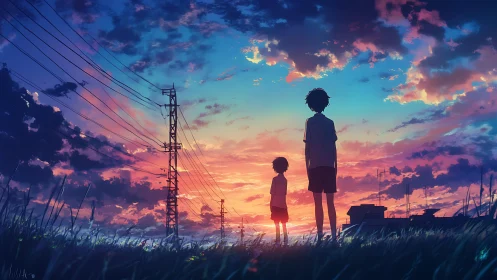 Anime sunset field with two silhouetted children gazing skyward.