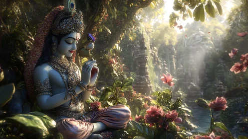 Divine blue deity meditates beside lush forest river shrine