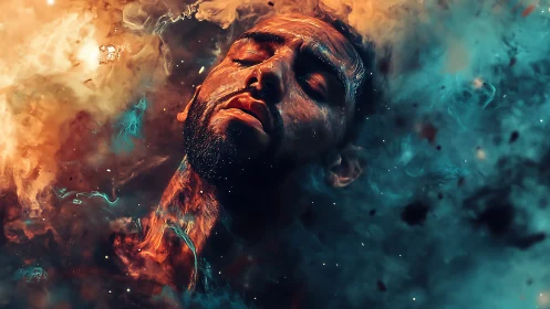 Man’s tranquil face emerges from fiery teal cosmic clouds