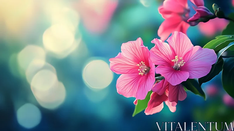 Pink hibiscus blooms glow against soft bokeh backdrop. Vivid petals.