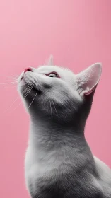 White cat photographed against pink background looking upward.