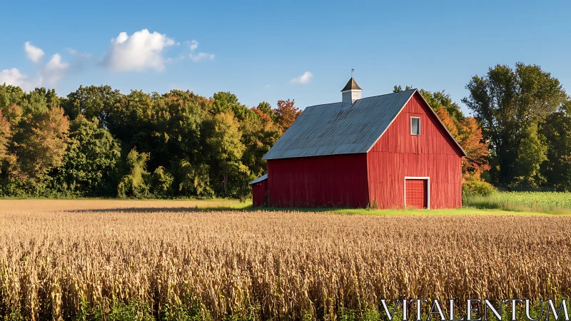 Rural barn elevation in late-summer field, frontal composition.