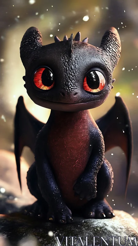 Microtextured chibi dragon with refractive ember eyes rendered.