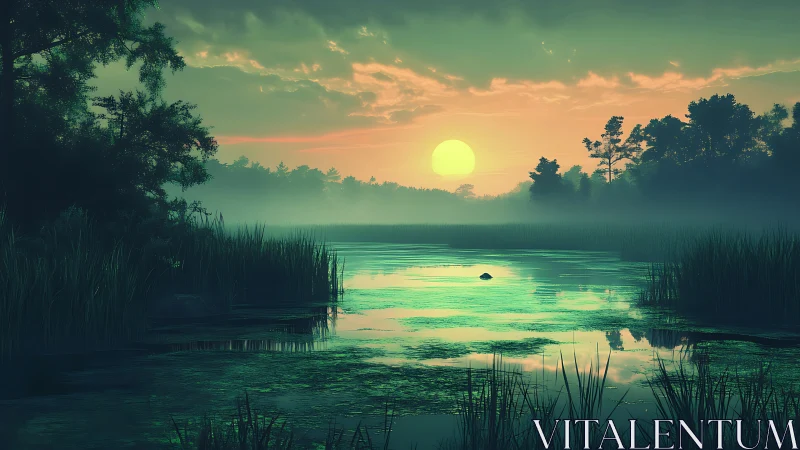 Emerald dusk wetland with reflective misty water surface.