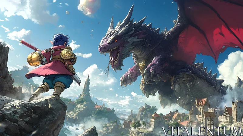 Skycliff showdown between bold swordsman and raging dragon.