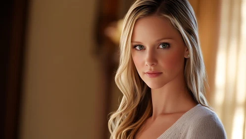 Soft-lit portrait of serene blonde woman in warm glow.