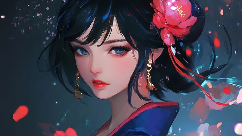 Digital painting portrait with floral accent and luminous bokeh.