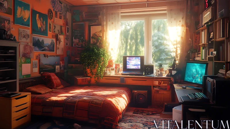 Sunlit bedroom workstation blends retro computer gear and art