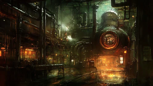 Industrial reactor hall glows with saturated volumetric steam lighting