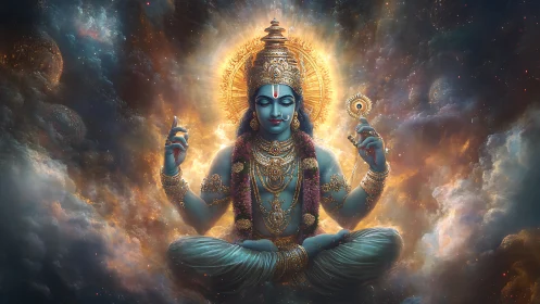 Radiant cosmic deity seated in peaceful golden starlight.