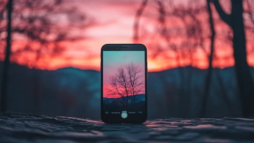 Smartphone frames silhouetted tree against vivid sunset horizon
