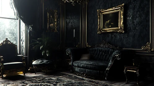Baroque noir salon with gilded frames and moody side light.