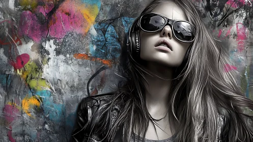 Woman with headphones before colorful graffiti wall. Period.