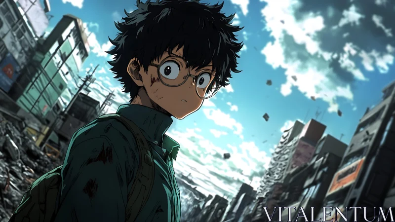 Anime survivor portrait in tilted urban ruin composition.