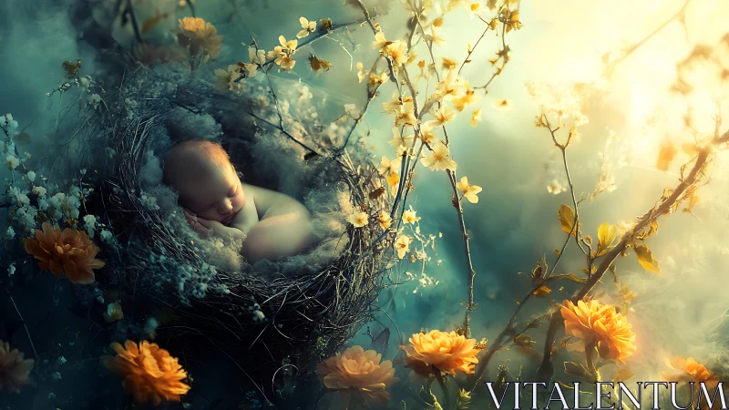 Sleeping newborn rests in nest among glowing yellow flowers