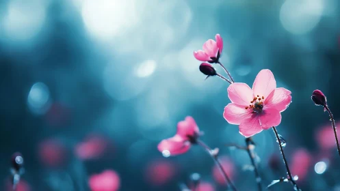 Pink cosmos flowers bloom softly against dreamy blue bokeh background.