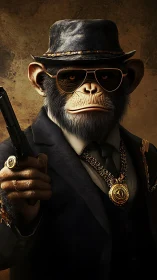 Chimpanzee in formal attire holding handgun, frontal view.