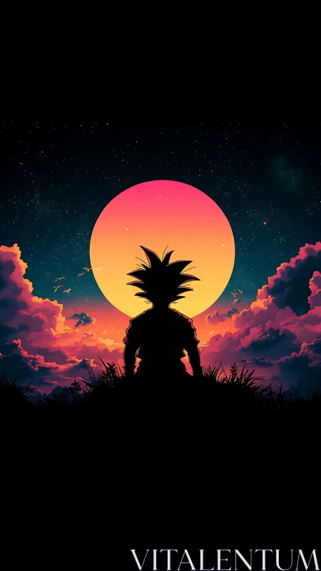 Silhouetted spiky-haired figure at neon gradient sunset sky