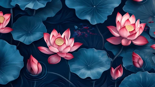 Pink lotus flowers floating in dark blue pond water