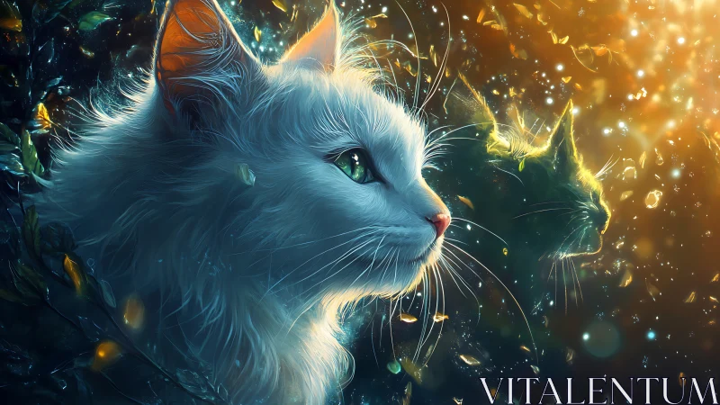 Luminous White Cat with Magical Aura and Glowing Particles